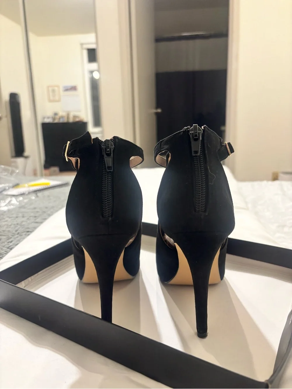 Michael Kors Black Peep-Toe Stiletto Ankle Booties with Gold Buckle